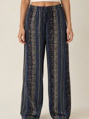 Vintage East West Wide Leg Pants Medium Blue Floral Stripe Boho Made in Canada